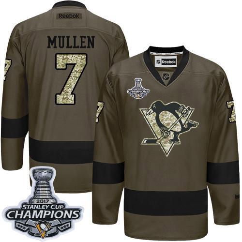 Penguins #7 Joe Mullen Green Salute to Service Stanley Cup Finals Champions Stitched NHL Jersey - Click Image to Close